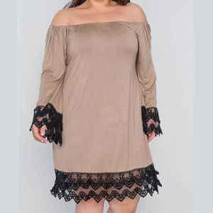 Plus Size Off-the-shoulder Lace Hem Dress in Mocha
